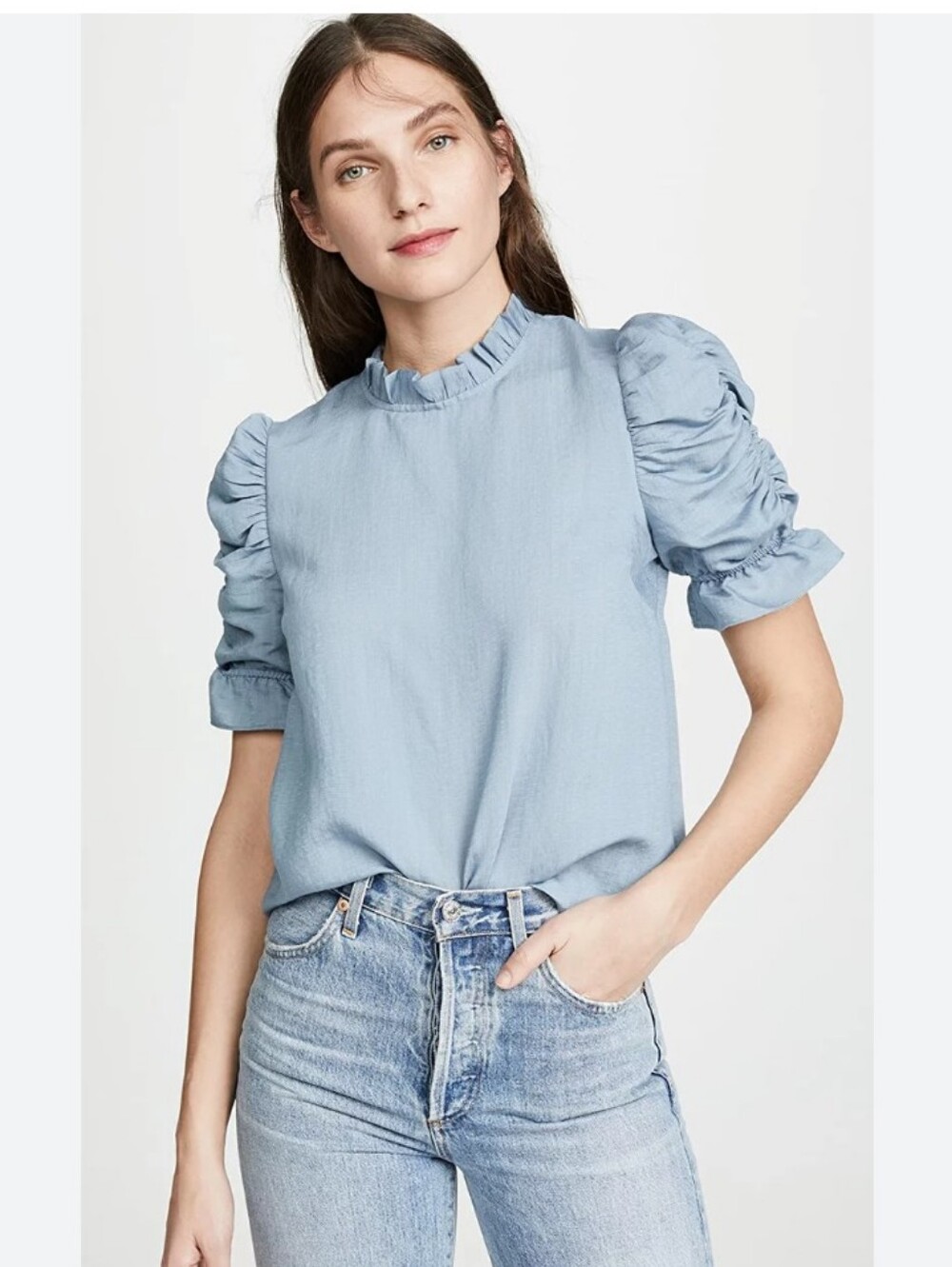 Moon River Light Blue Ruffled Neck Puff-Sleeve Blouse